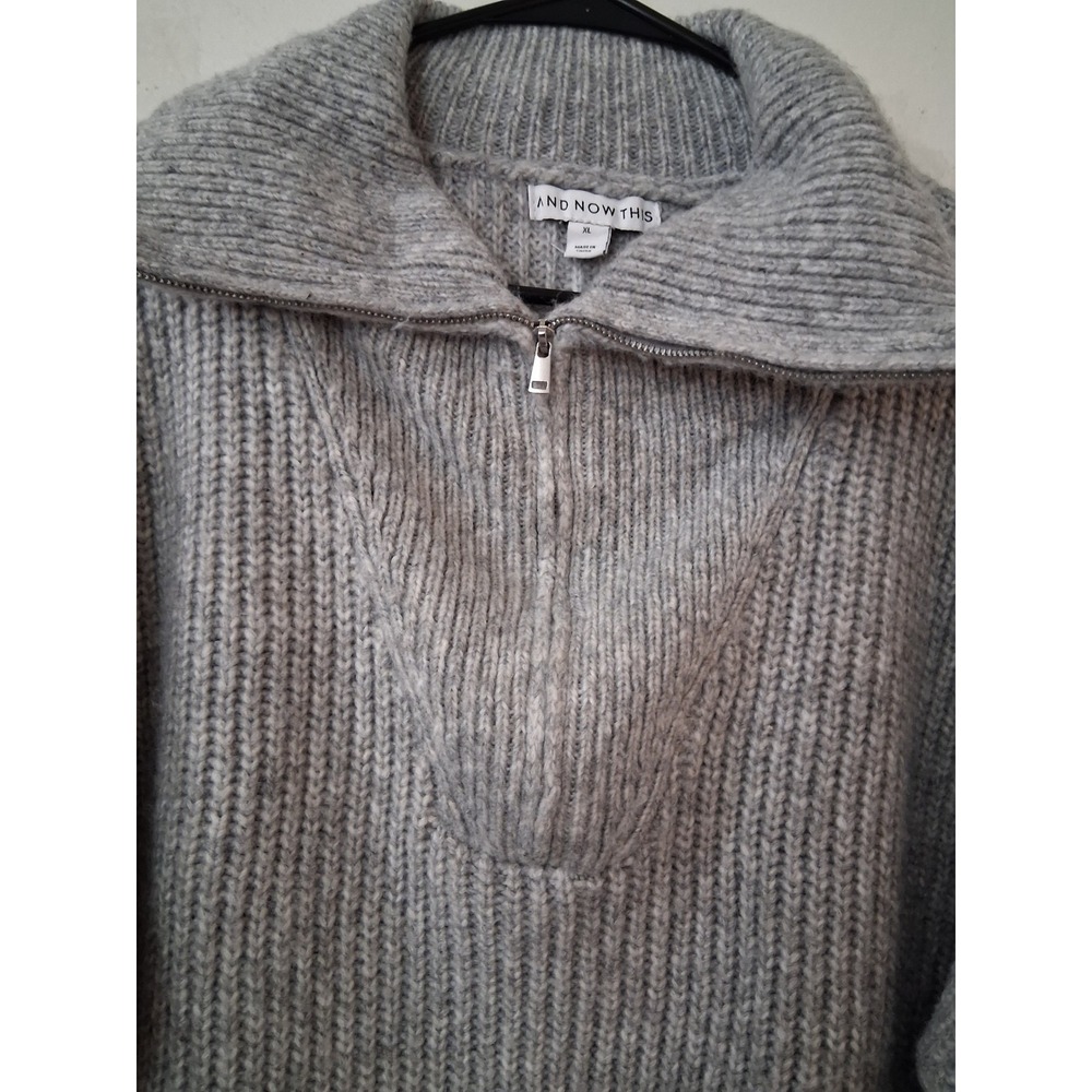 And Now This Womens XL Grey Ribbed Quarter Zip Oversized Chunky Knit Sweater - Picture 2 of 5